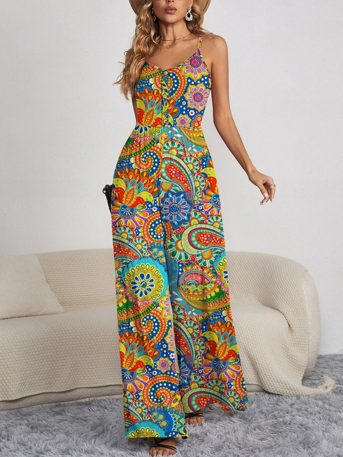 FAM-FAM Decorative Button Spaghetti Strap Wide Leg Jumpsuit-TOPS / DRESSES-[Adult]-[Female]-Multicolor-S-2022 Online Blue Zone Planet