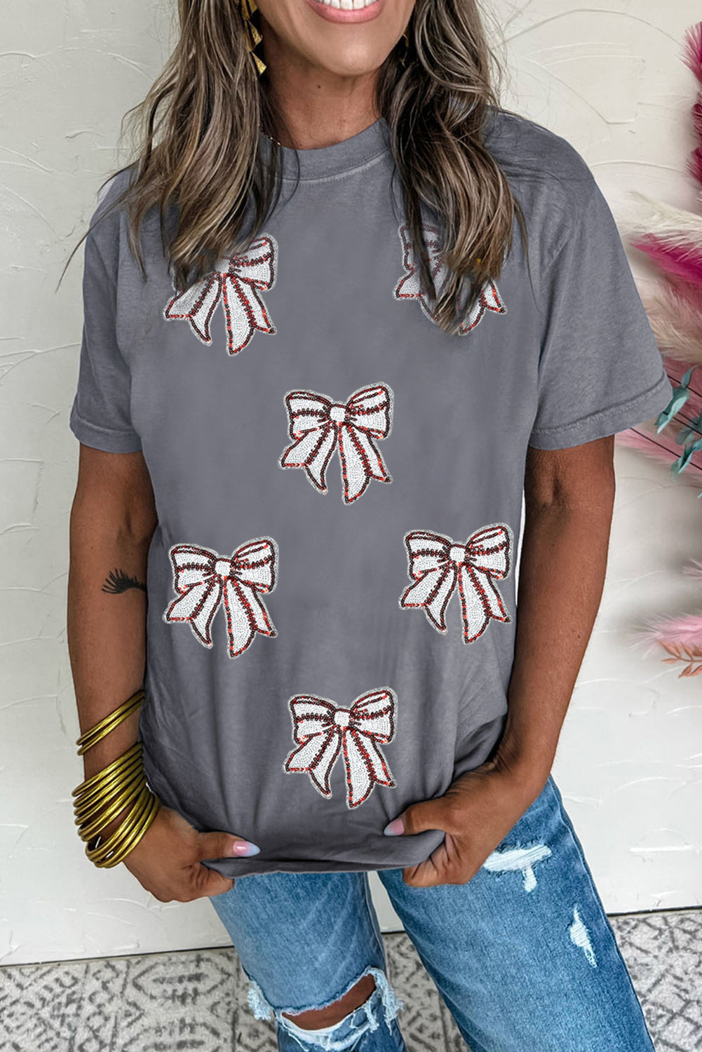 Gray Sequin Bow Baseball Fashion Graphic Tee-Graphic/Graphic Tees-[Adult]-[Female]-2022 Online Blue Zone Planet