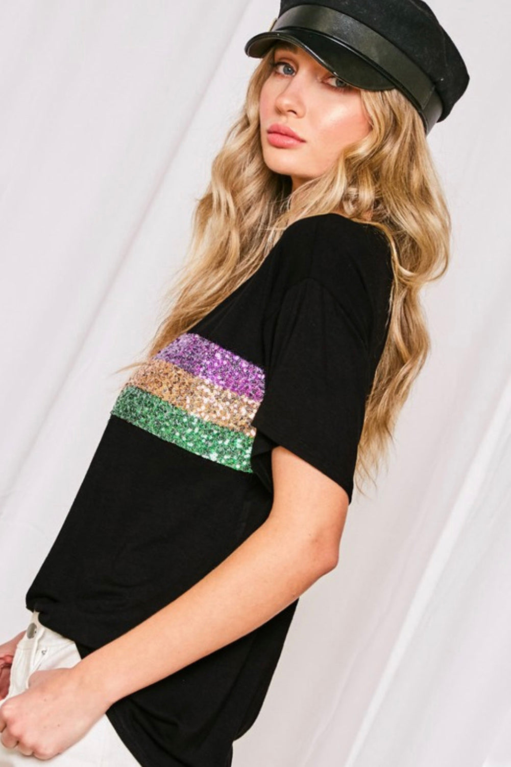 Black Sequin Stripes Patchwork Mardi Gras Crew Neck T Shirt-Tops/Tops & Tees-[Adult]-[Female]-2022 Online Blue Zone Planet