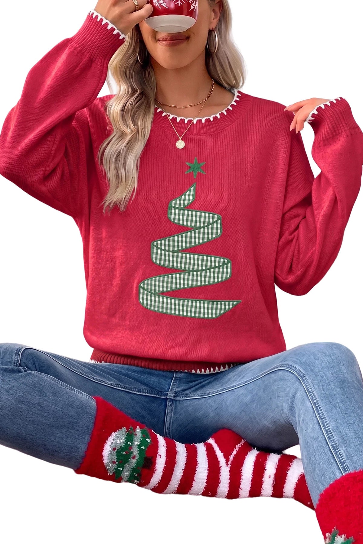 Racing Red Stitched Detail Christmas Tree Holiday Casual Sweater-TOPS / DRESSES-[Adult]-[Female]-2022 Online Blue Zone Planet