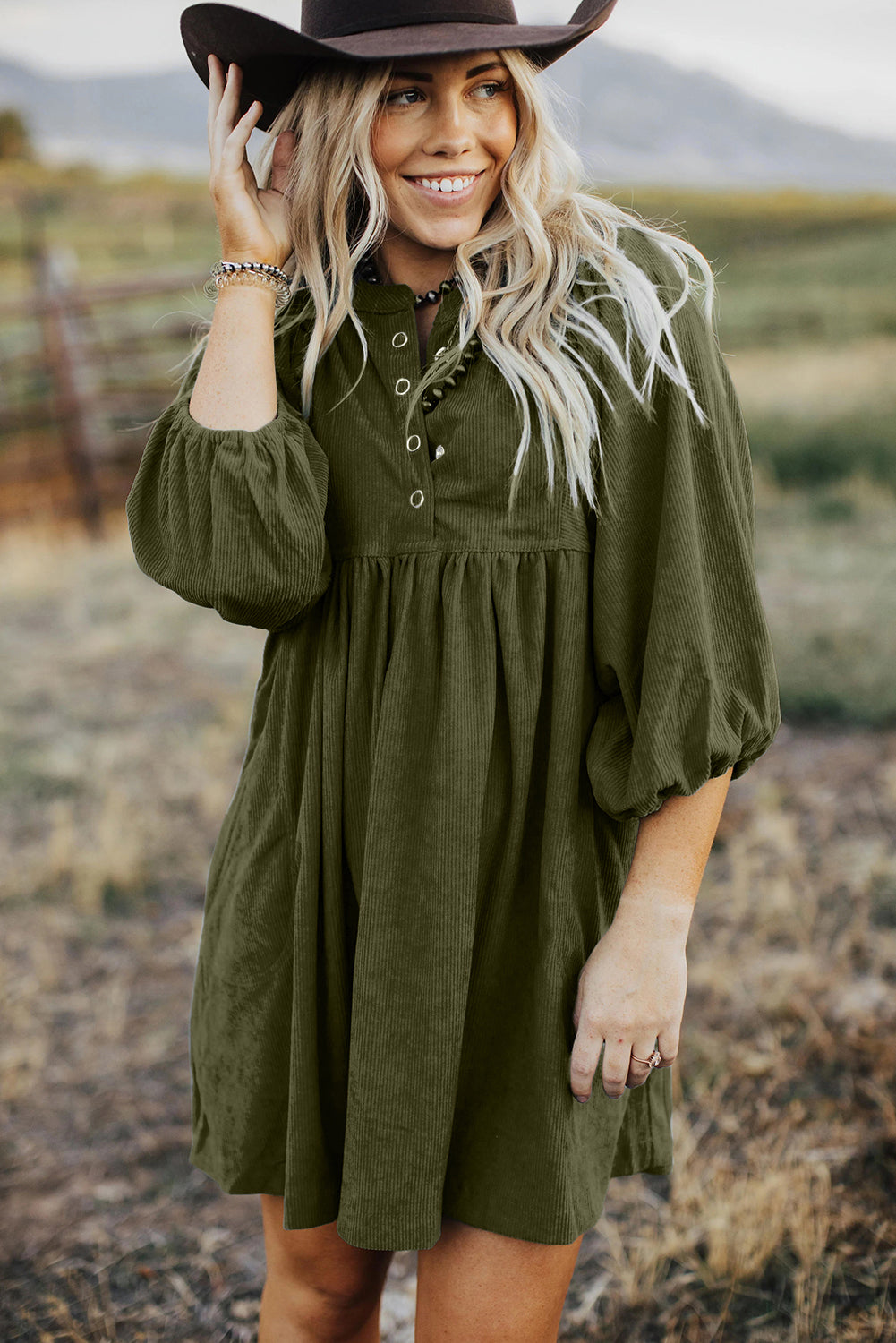 Vineyard Green Corduroy Snap Buttons Empire Waist Bracelet Sleeve Dress-Dresses/Mini Dresses-[Adult]-[Female]-2022 Online Blue Zone Planet