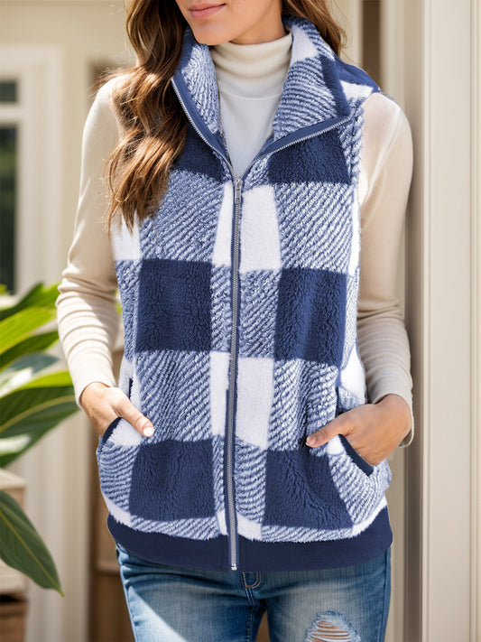 Full Size Pocketed Plaid Vest Coat-TOPS / DRESSES-[Adult]-[Female]-Navy-S-2022 Online Blue Zone Planet