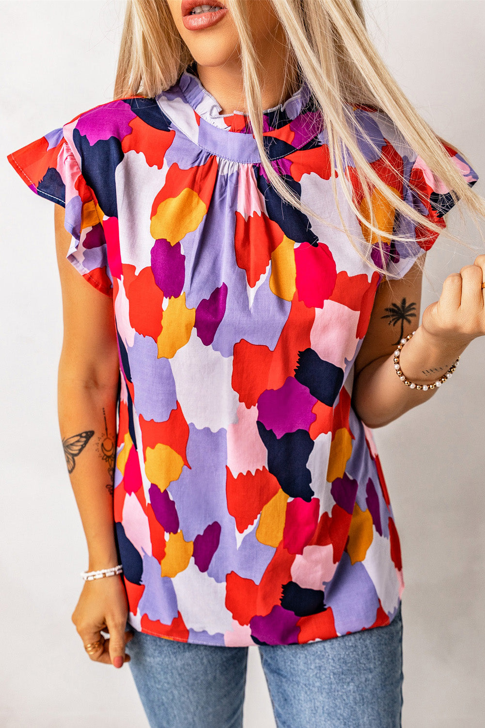 Red Ruffle Cap Sleeve Frill Mock Neck Printed Top-Tops/Tops & Tees-[Adult]-[Female]-Red-S-2022 Online Blue Zone Planet
