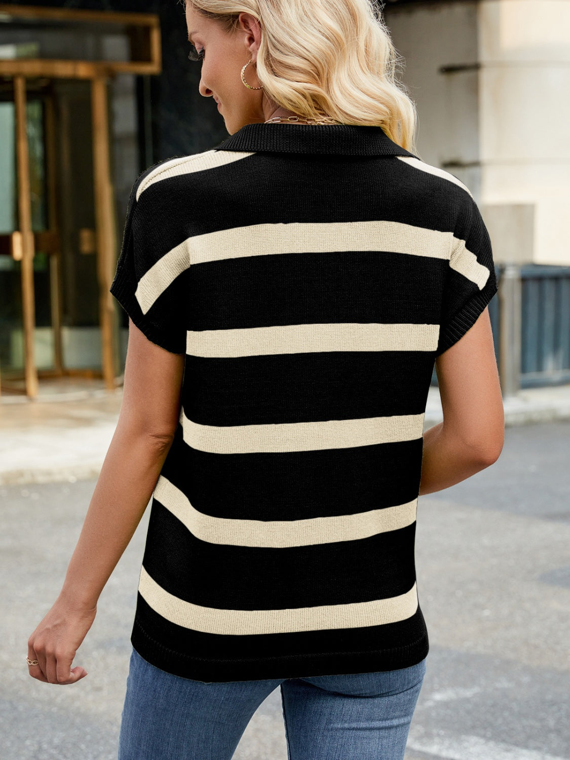 Striped Johnny Collar Cap Sleeve Sweater-TOPS / DRESSES-[Adult]-[Female]-2022 Online Blue Zone Planet