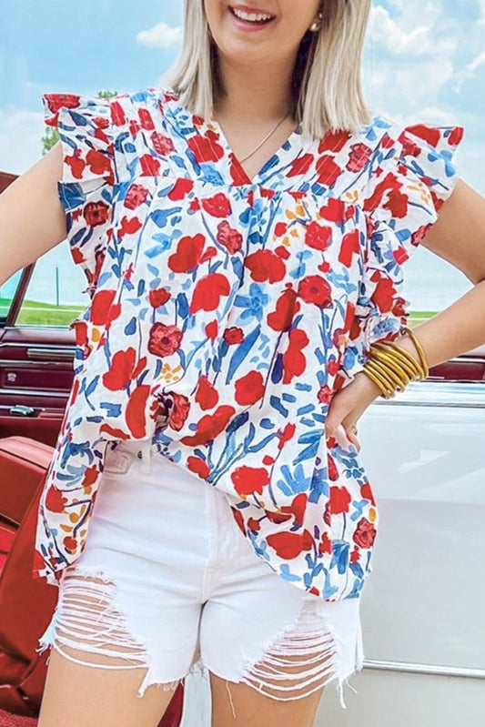 Red Flowers Pintuck Detail V-Neck Ruffled Sleeve Top-Tops/Blouses & Shirts-[Adult]-[Female]-Red-S-2022 Online Blue Zone Planet