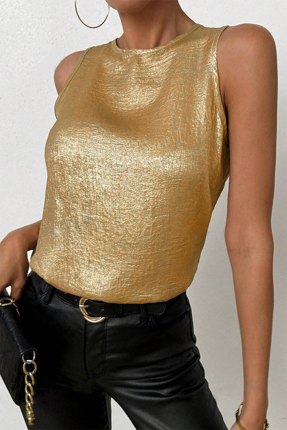 Gold Metal Textured Round Neck Casual Tank Top-Tops/Tank Tops-[Adult]-[Female]-2022 Online Blue Zone Planet