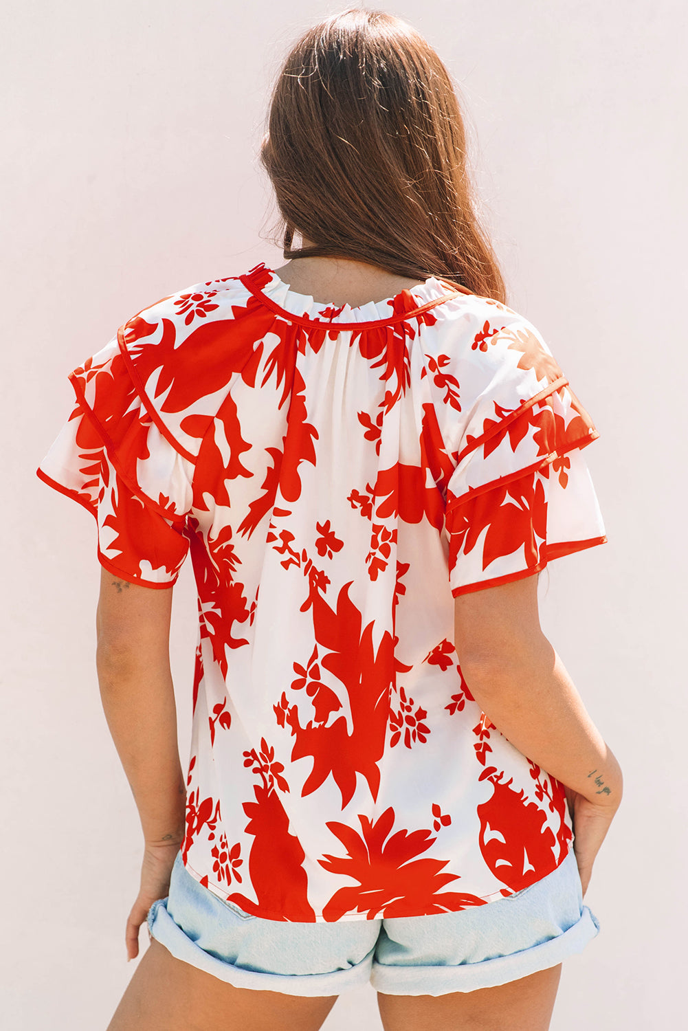 Red Plant Print Tiered Ruffled Sleeve V Neck Blouse-Tops/Blouses & Shirts-[Adult]-[Female]-2022 Online Blue Zone Planet