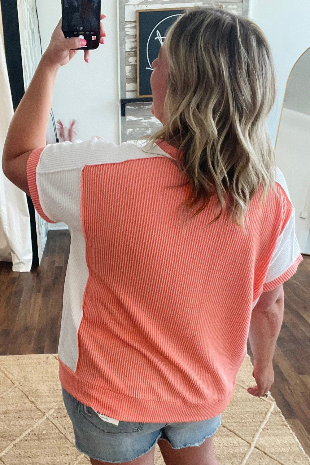 Parchment Twist Rib Colorblock Hi Low Plus Size Short Sleeve Top-Plus Size/Plus Size Tops/Plus Size Tops & Tees-[Adult]-[Female]-2022 Online Blue Zone Planet