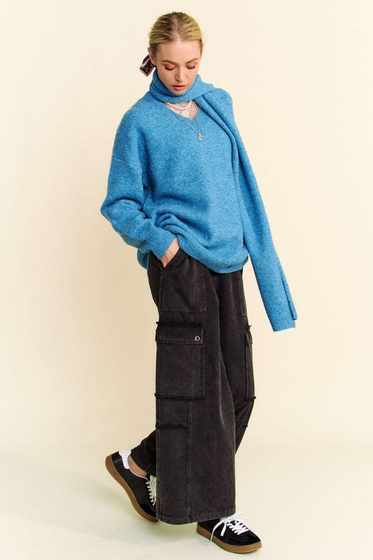 Davi & Dani V-Neck Dropped Shoulder Sweater with Scarf-TOPS / DRESSES-[Adult]-[Female]-2022 Online Blue Zone Planet