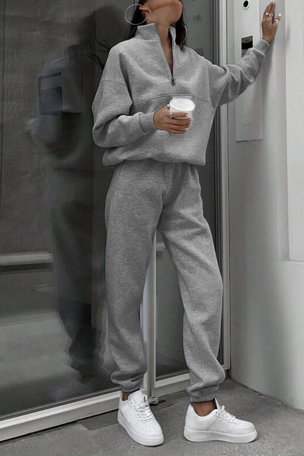 Light Grey Half Zip Drop Shoulder Sweatshirt And Sweatpants Two Piece Set-Two Piece Pants Sets-[Adult]-[Female]-2022 Online Blue Zone Planet