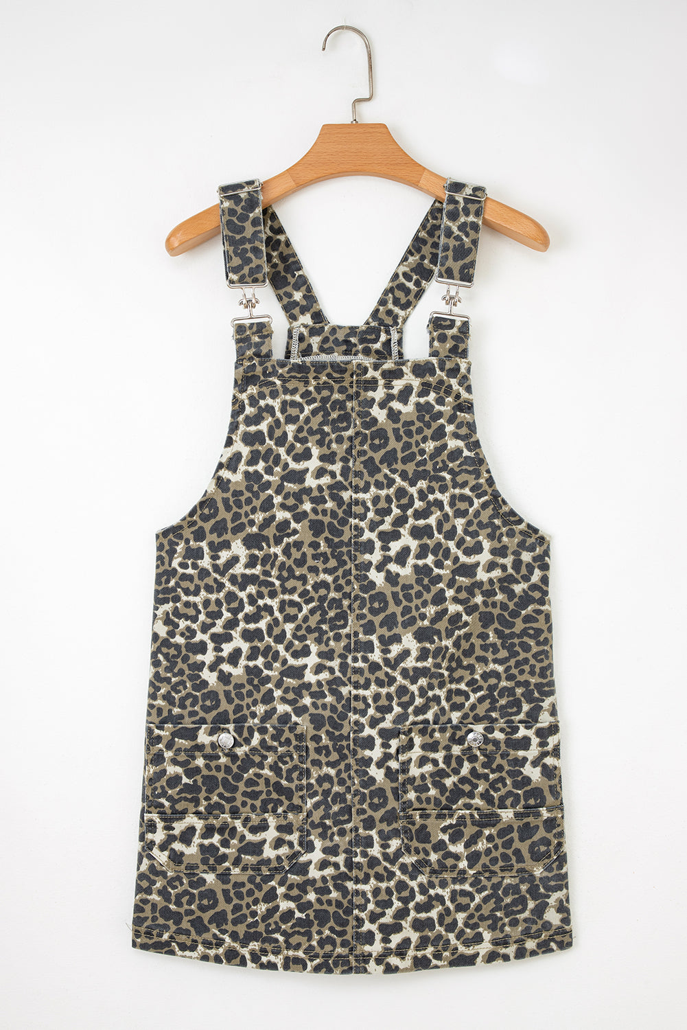 Gray Leopard Print Pocketed Loose Fit Denim Overall Dress-TOPS / DRESSES-[Adult]-[Female]-2022 Online Blue Zone Planet