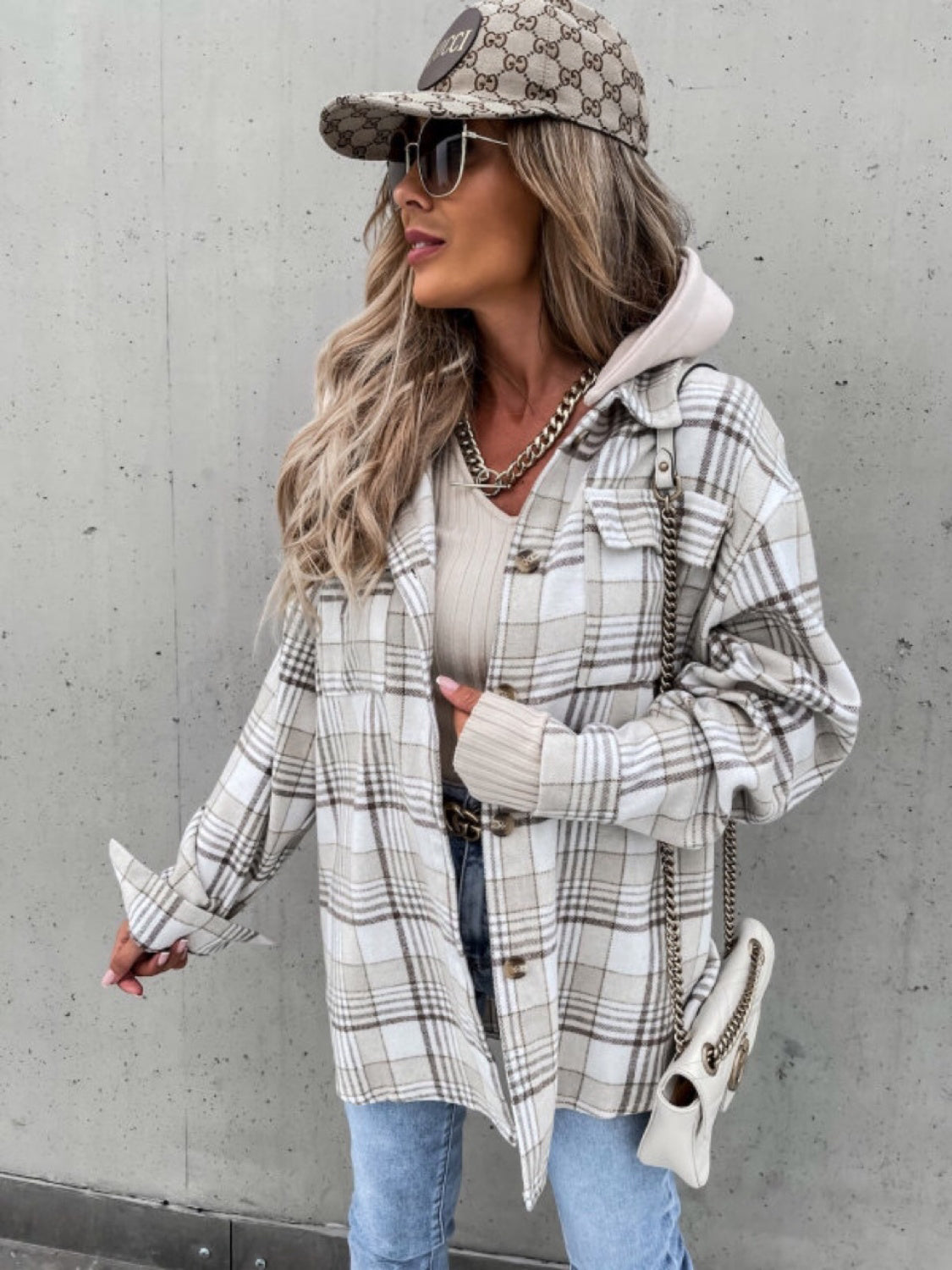 Blue Zone Planet | Plaid Dropped Shoulder Hooded Jacket-TOPS / DRESSES-[Adult]-[Female]-2022 Online Blue Zone Planet