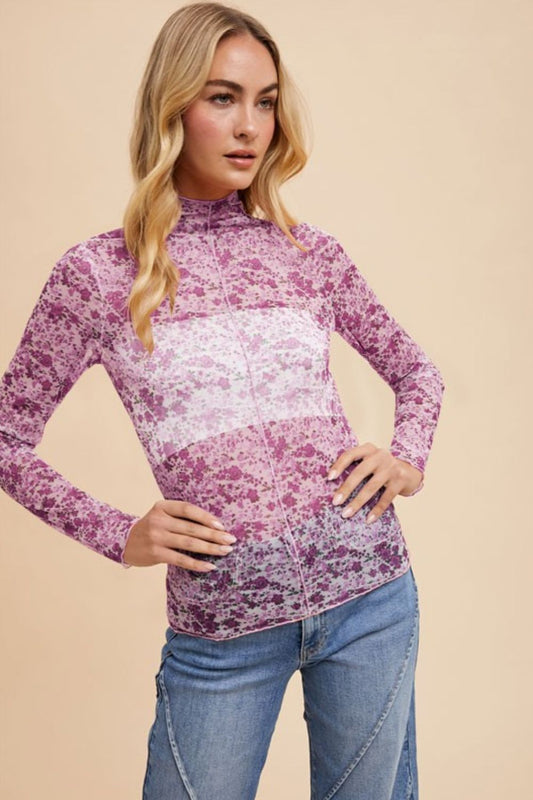 Annie Wear Floral Lettuce Hem Sheer Mesh Top-TOPS / DRESSES-[Adult]-[Female]-Ivory/Purple-S-2022 Online Blue Zone Planet