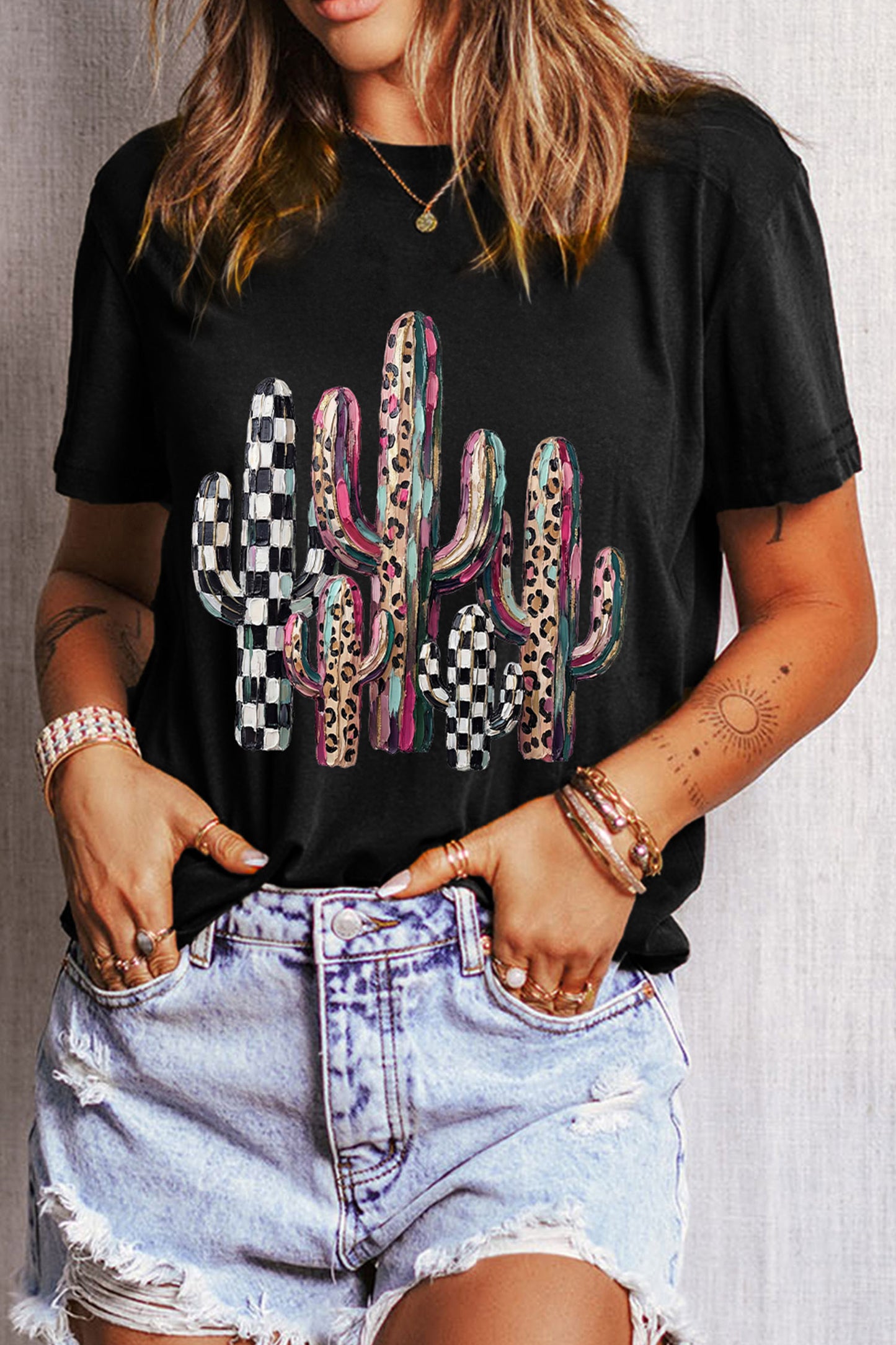 Black Mixed Pattern Cactus Graphic Print Relaxed T-Shirt