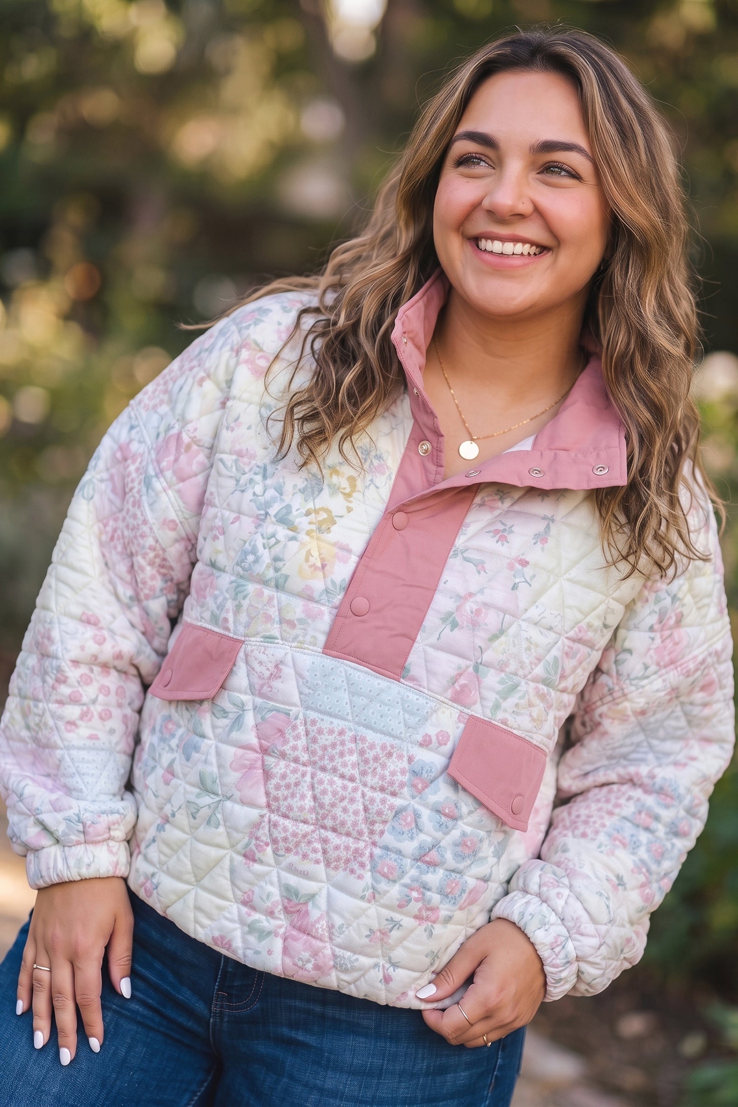 Pink Floral Quilted V-Neck Plus Size Fake Pocket Sweatshirt-Plus Size/Plus Size Sweatshirts & Hoodies-[Adult]-[Female]-2022 Online Blue Zone Planet
