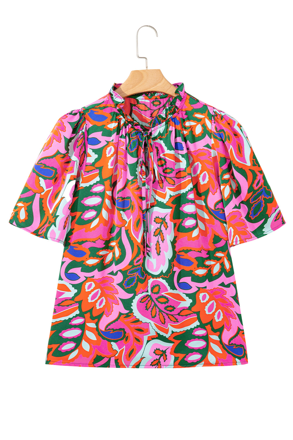 Rose Summer Plant Print Lace Up V Neck Short Sleeve Blouse-Tops/Blouses & Shirts-[Adult]-[Female]-2022 Online Blue Zone Planet