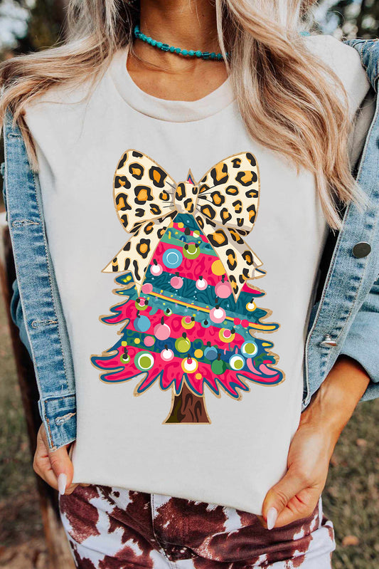 Blue Zone Planet | White Leopard Bow Décor Christmas Tree Graphic Crew Neck Tee-Graphic/Graphic Tees-[Adult]-[Female]-White-S-2022 Online Blue Zone Planet