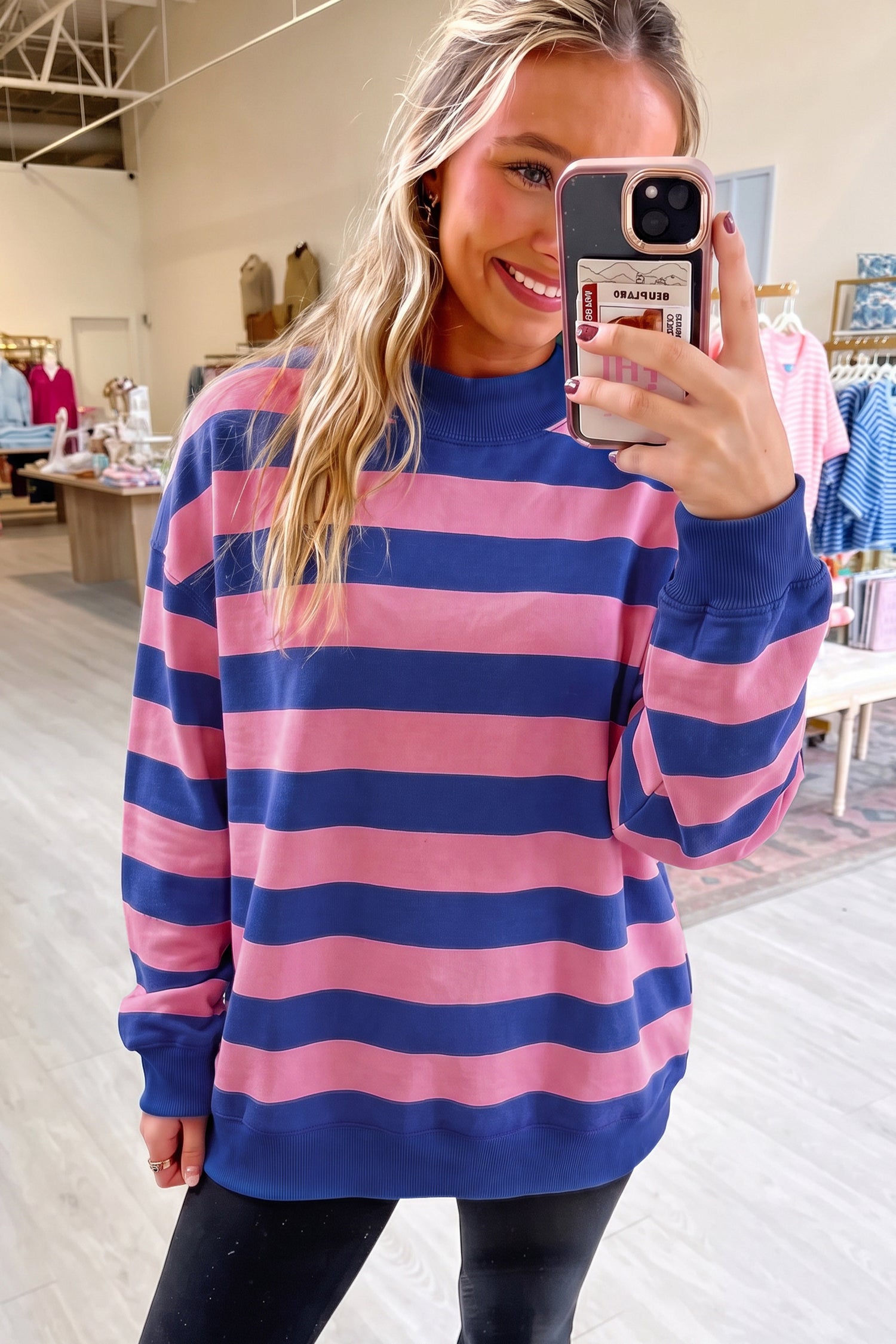 Rose Stripe Colorblock Mock Neck Relaxed Sweatshirt-Tops/Sweatshirts & Hoodies-[Adult]-[Female]-2022 Online Blue Zone Planet