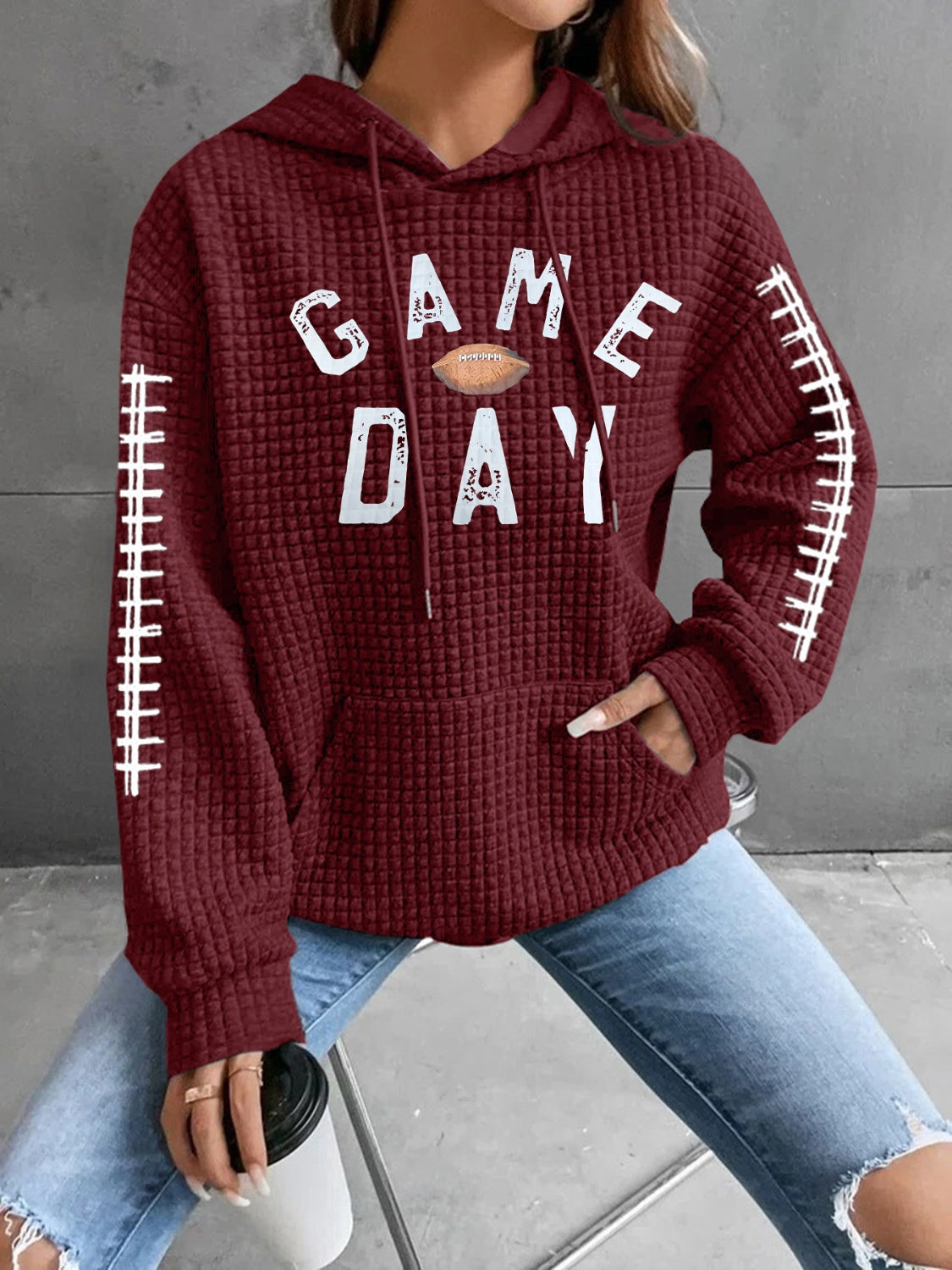 GAME DAY Football Drawstring Long Sleeve Hoodie-TOPS / DRESSES-[Adult]-[Female]-Burgundy-S-2022 Online Blue Zone Planet