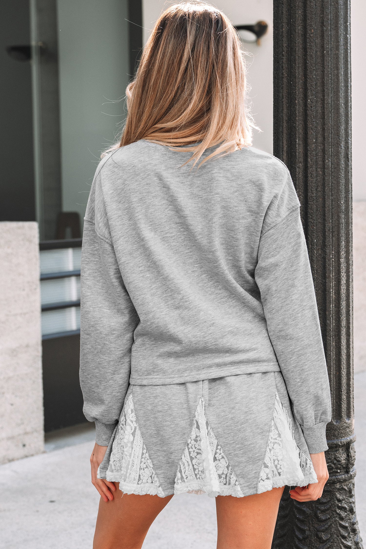Light Grey Lace Patchwork Drop Shoulder Pullover Drawstring Skort 2pcs Outfit-Two Piece Sets/Two Piece Dresses-[Adult]-[Female]-2022 Online Blue Zone Planet