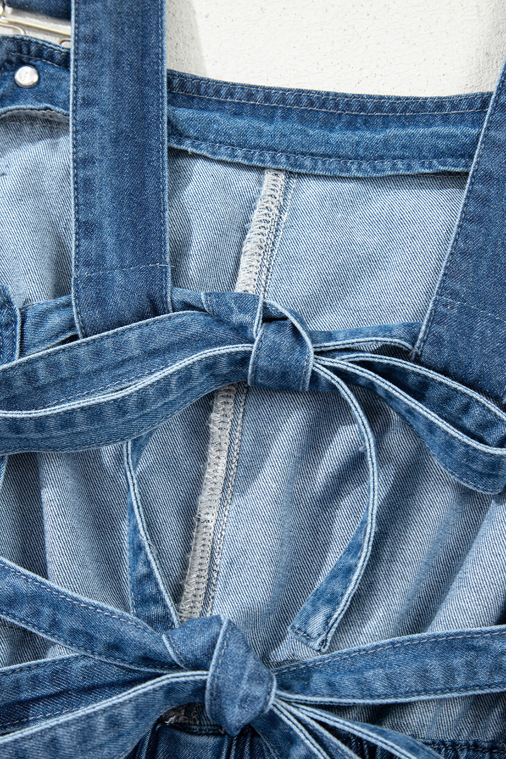 Sky Blue Buckle Straps Bib Style Drawstring Tied Backless Flared Denim Romper-Bottoms/Jumpsuits & Rompers-[Adult]-[Female]-2022 Online Blue Zone Planet