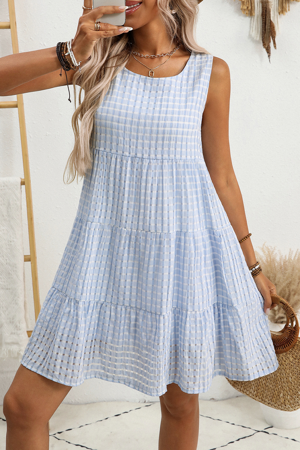 Light Blue Plaid Tiered A-line Sleeveless Mini Sundress-TOPS / DRESSES-[Adult]-[Female]-Light Blue-S-2022 Online Blue Zone Planet