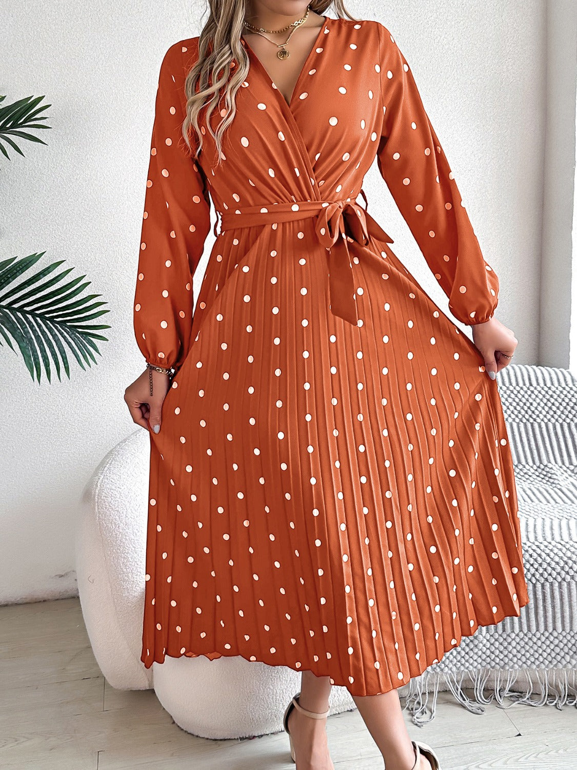 Blue Zone Planet | Tied Polka Dot Long Sleeve Midi Dress-TOPS / DRESSES-[Adult]-[Female]-2022 Online Blue Zone Planet