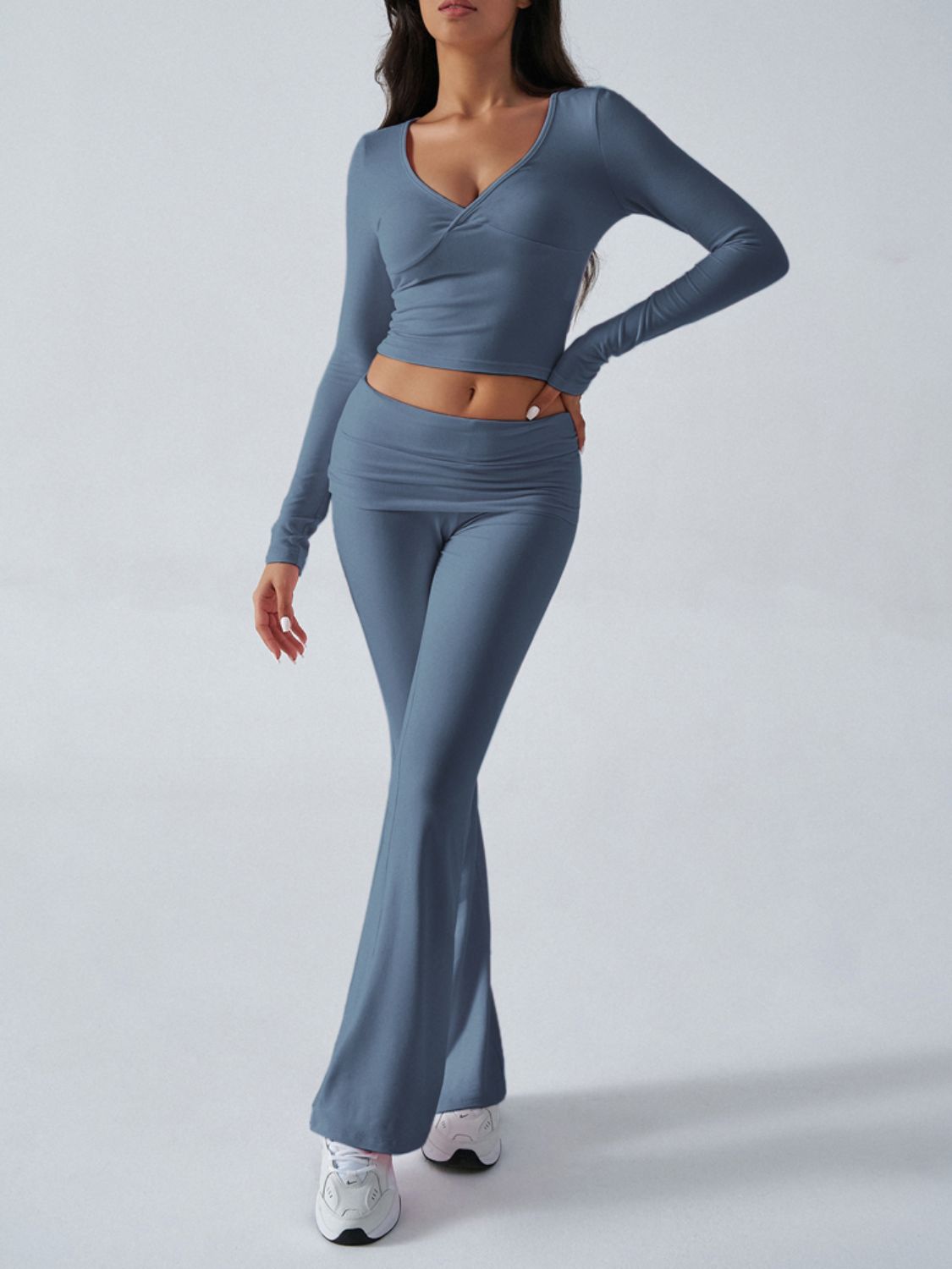 Devine Ruched Long Sleeve Top and Pants Set-TOPS / DRESSES-[Adult]-[Female]-2022 Online Blue Zone Planet