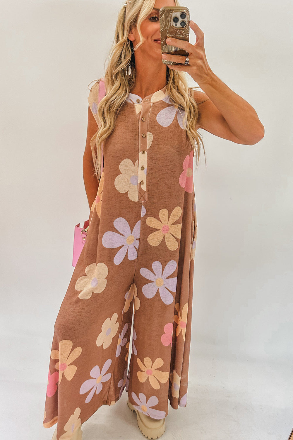 Khaki Floral Print Sleeveless Button up Wide Leg Loose Jumpsuit-Jumpsuits-[Adult]-[Female]-2022 Online Blue Zone Planet