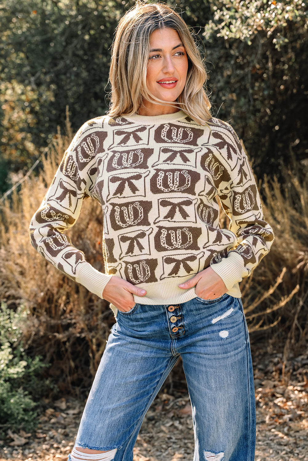 Brown Bows & Horseshoes Pattern Western Fashion Print Sweater-TOPS / DRESSES-[Adult]-[Female]-2022 Online Blue Zone Planet
