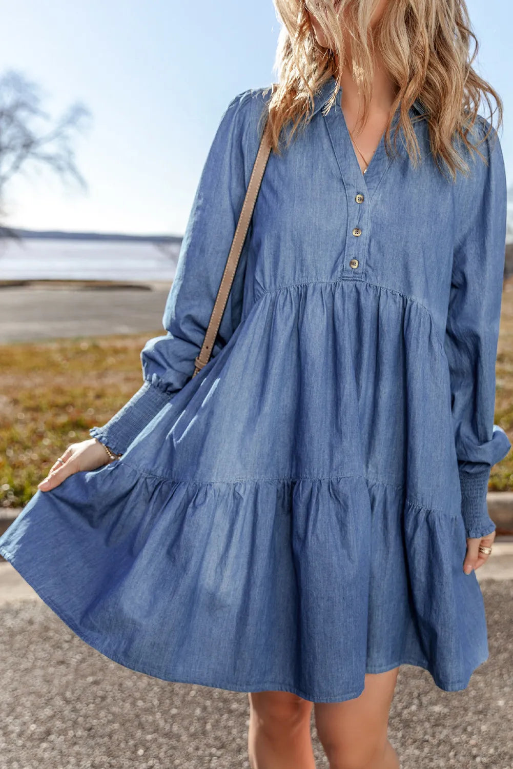 Tiered Johnny Collar Long Sleeve Denim Dress-TOPS / DRESSES-[Adult]-[Female]-2022 Online Blue Zone Planet