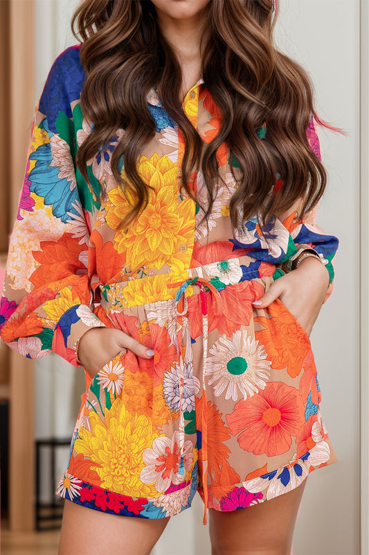 Printed Button Up Long Sleeve Top and Shorts Set-TOPS / DRESSES-[Adult]-[Female]-Orange-S-2022 Online Blue Zone Planet