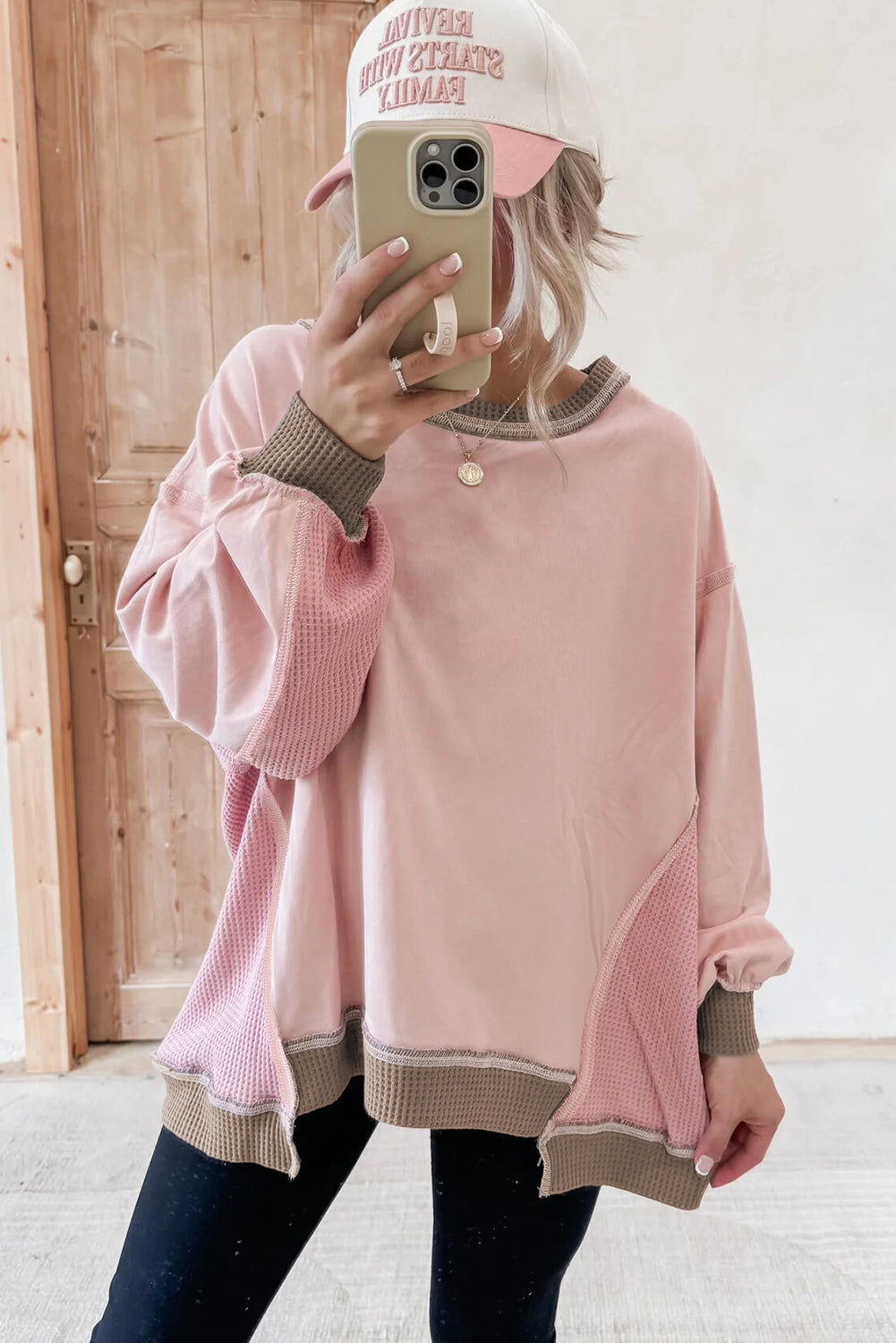 Light Pink Color Block Mix Texture Waffle Patchwork Oversize Sweatshirt-Tops/Sweatshirts & Hoodies-[Adult]-[Female]-2022 Online Blue Zone Planet