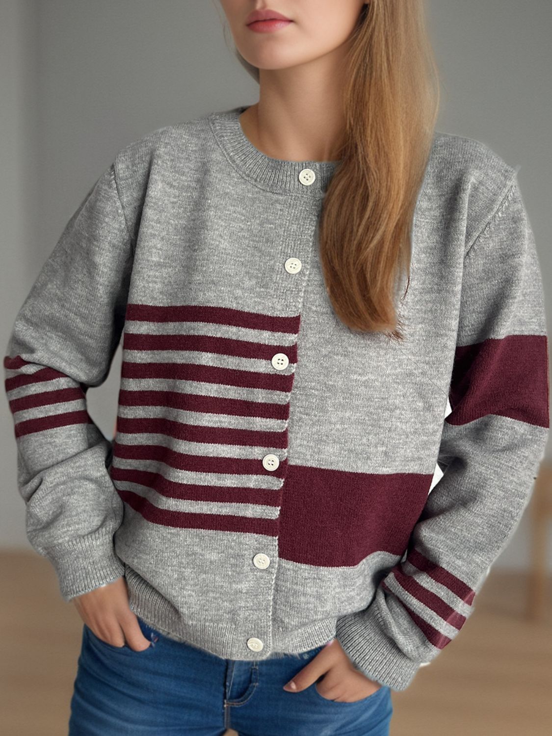 Blue Zone Planet | Striped Color Block Round Neck Cardigan-TOPS / DRESSES-[Adult]-[Female]-Gray-One Size-2022 Online Blue Zone Planet