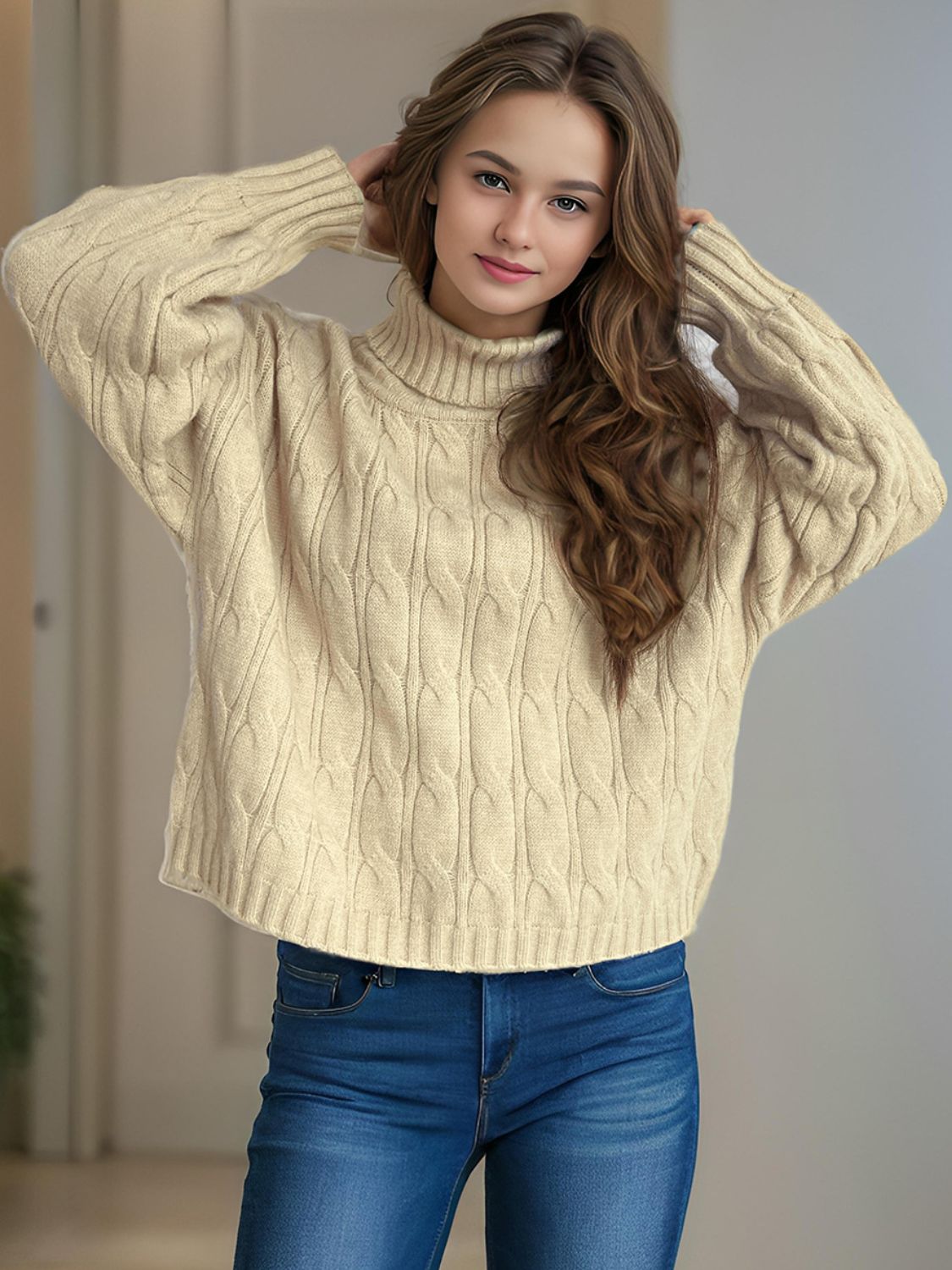 Cable-Knit Turtleneck Long Sleeve Sweater-TOPS / DRESSES-[Adult]-[Female]-2022 Online Blue Zone Planet