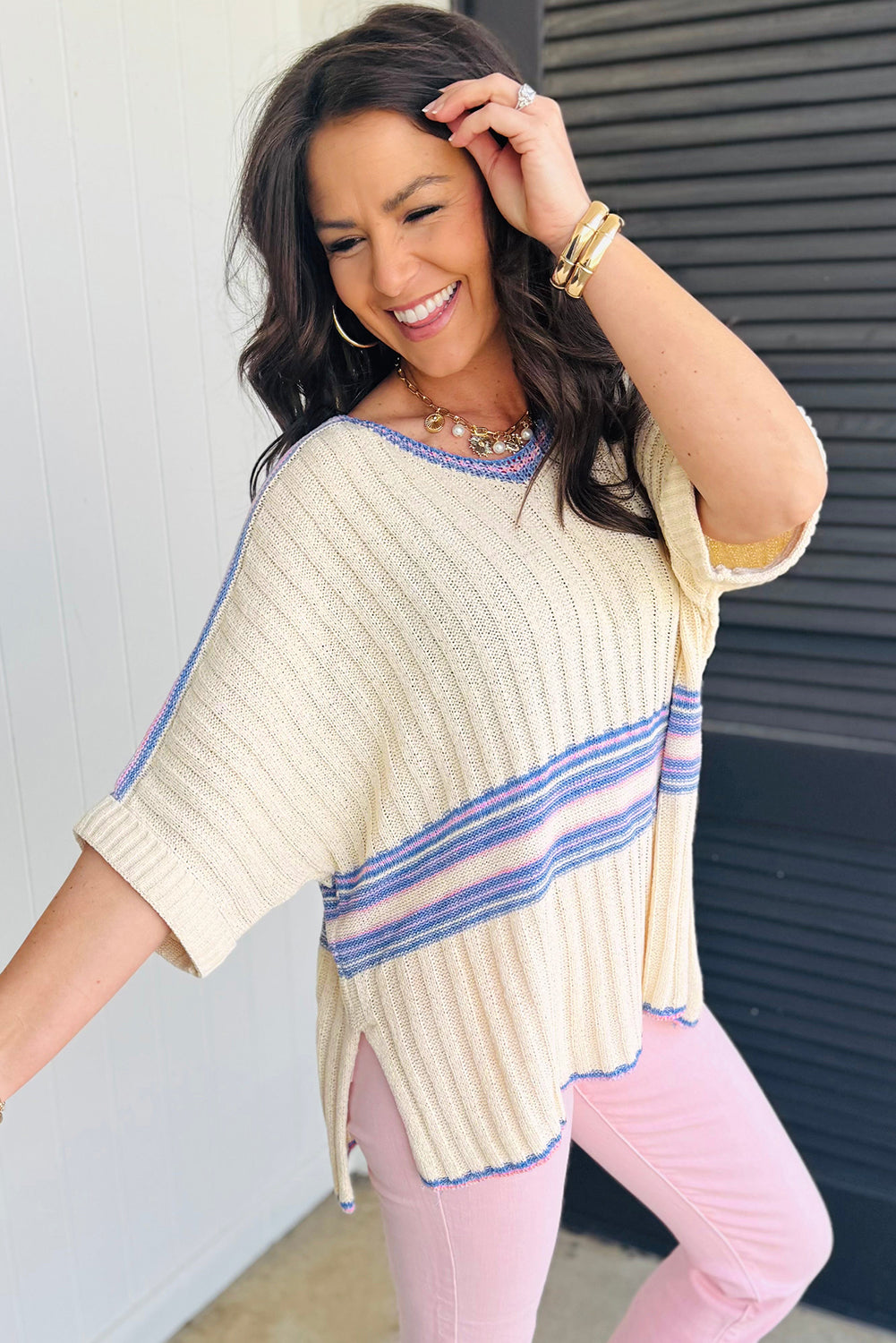 White Striped V Neck Dolman Sleeve Rib Knit Oversized Sweater with Slits-TOPS / DRESSES-[Adult]-[Female]-2022 Online Blue Zone Planet