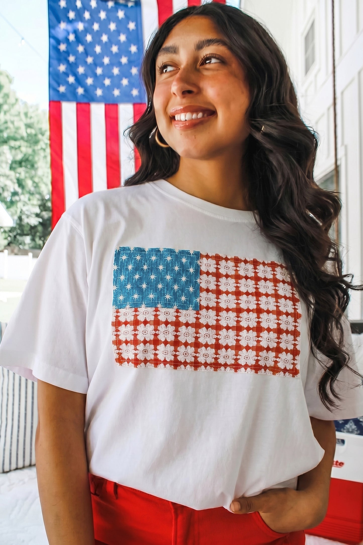 White Fancy Embroidered Patch Flag Casual T Shirt-Tops/Tops & Tees-[Adult]-[Female]-2022 Online Blue Zone Planet