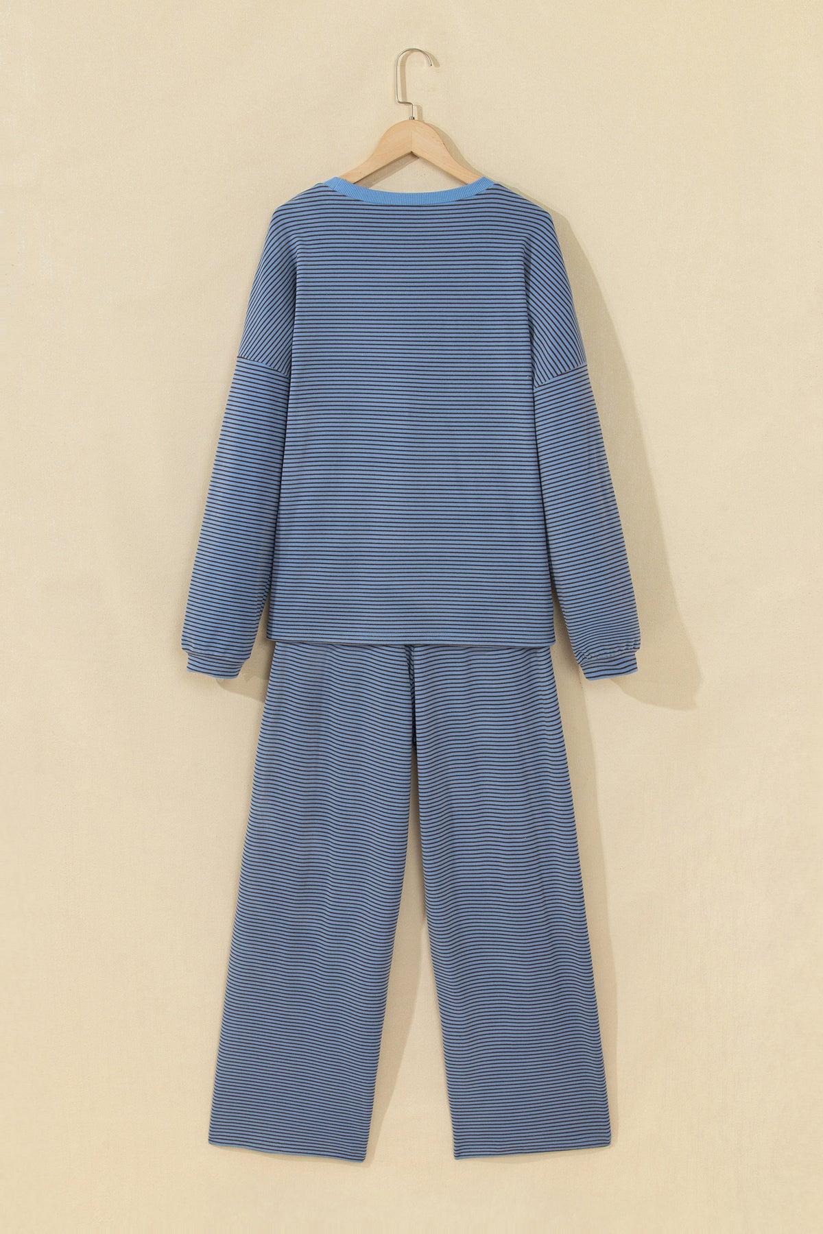 Beige Stripe Contrast Trim Round Neck Oversize Long Sleeve Top 2pcs Pant Set-Two Piece Sets/Pant Sets-[Adult]-[Female]-2022 Online Blue Zone Planet