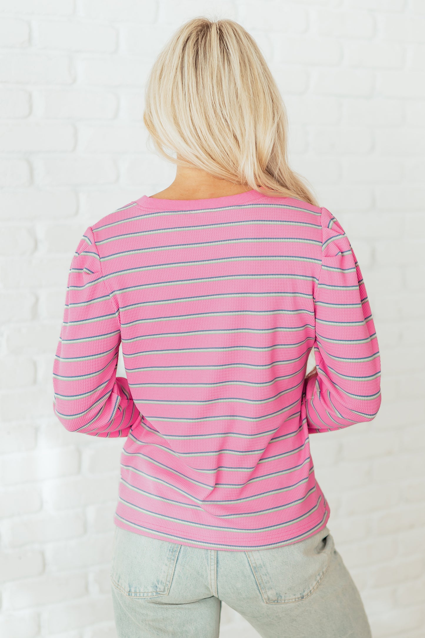Rose Stripe Textured Knit Round Neck Long Sleeve Top-Tops/Long Sleeve Tops-[Adult]-[Female]-2022 Online Blue Zone Planet