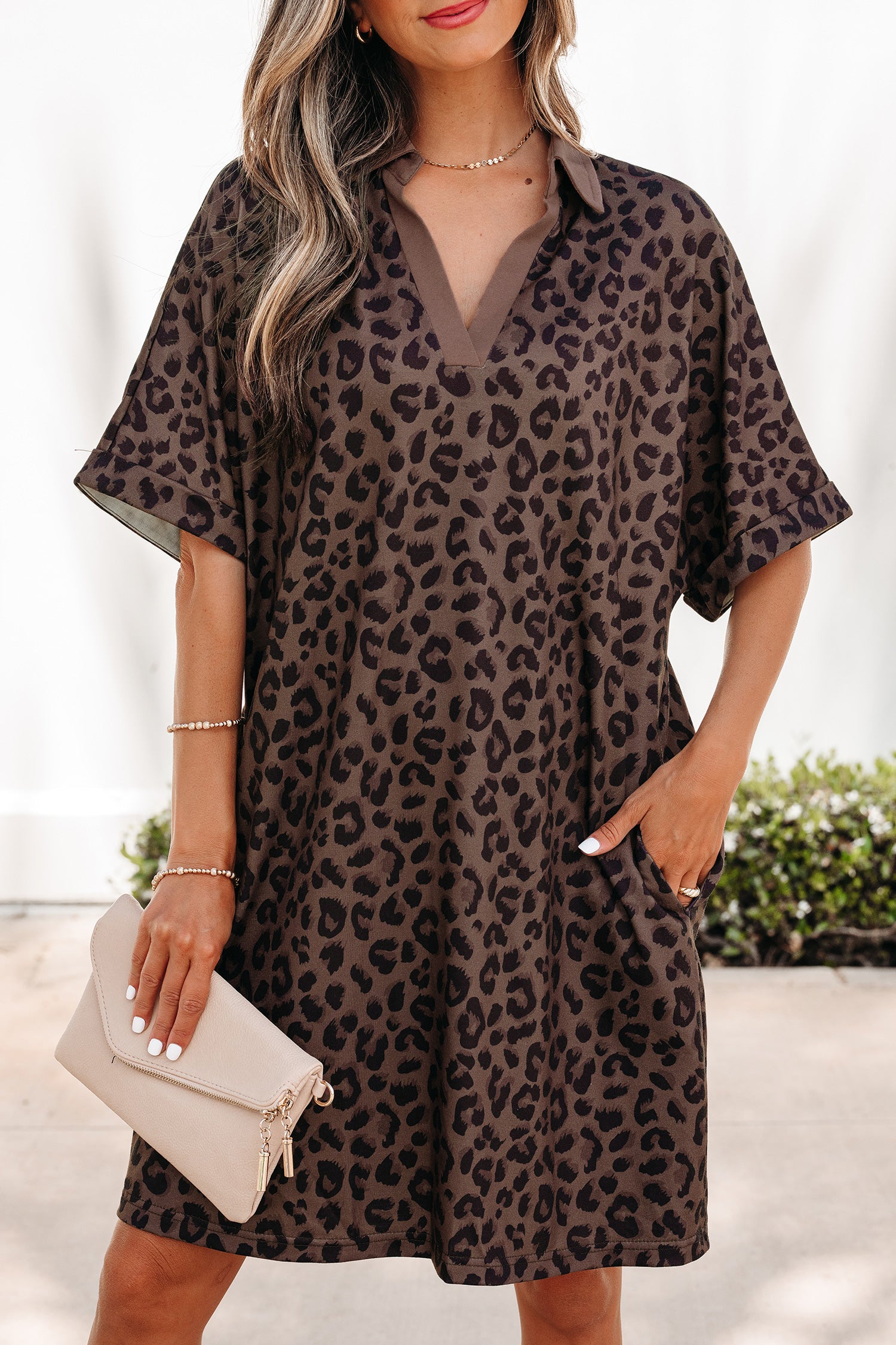 Brown Leopard Print Contrast Collar V-Neck Mini Dress-Dresses/Mini Dresses-[Adult]-[Female]-2022 Online Blue Zone Planet