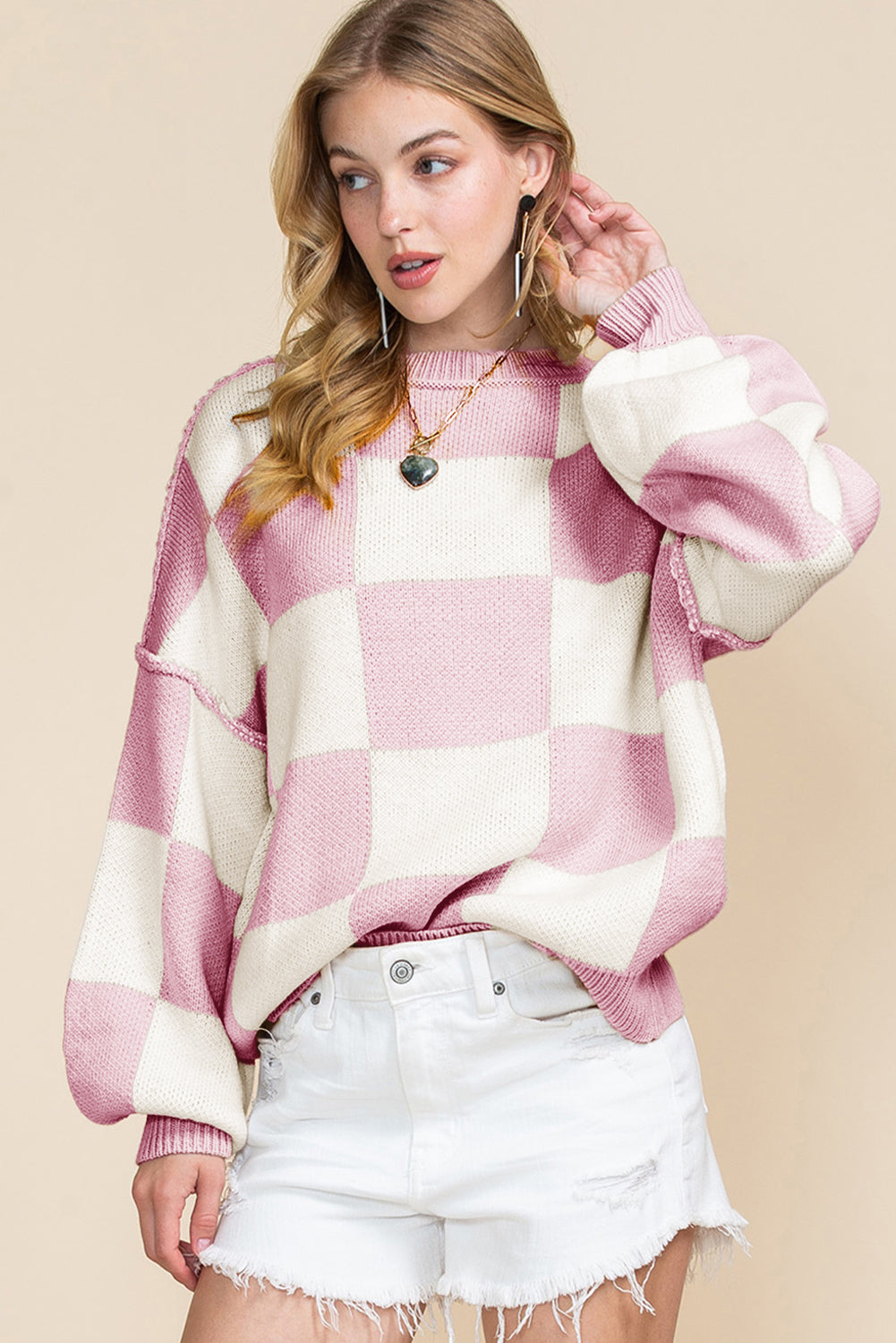 Blue Zone Planet | Pink Checked Bishop Sleeve Pullover Sweater-Sweaters-[Adult]-[Female]-2022 Online Blue Zone Planet