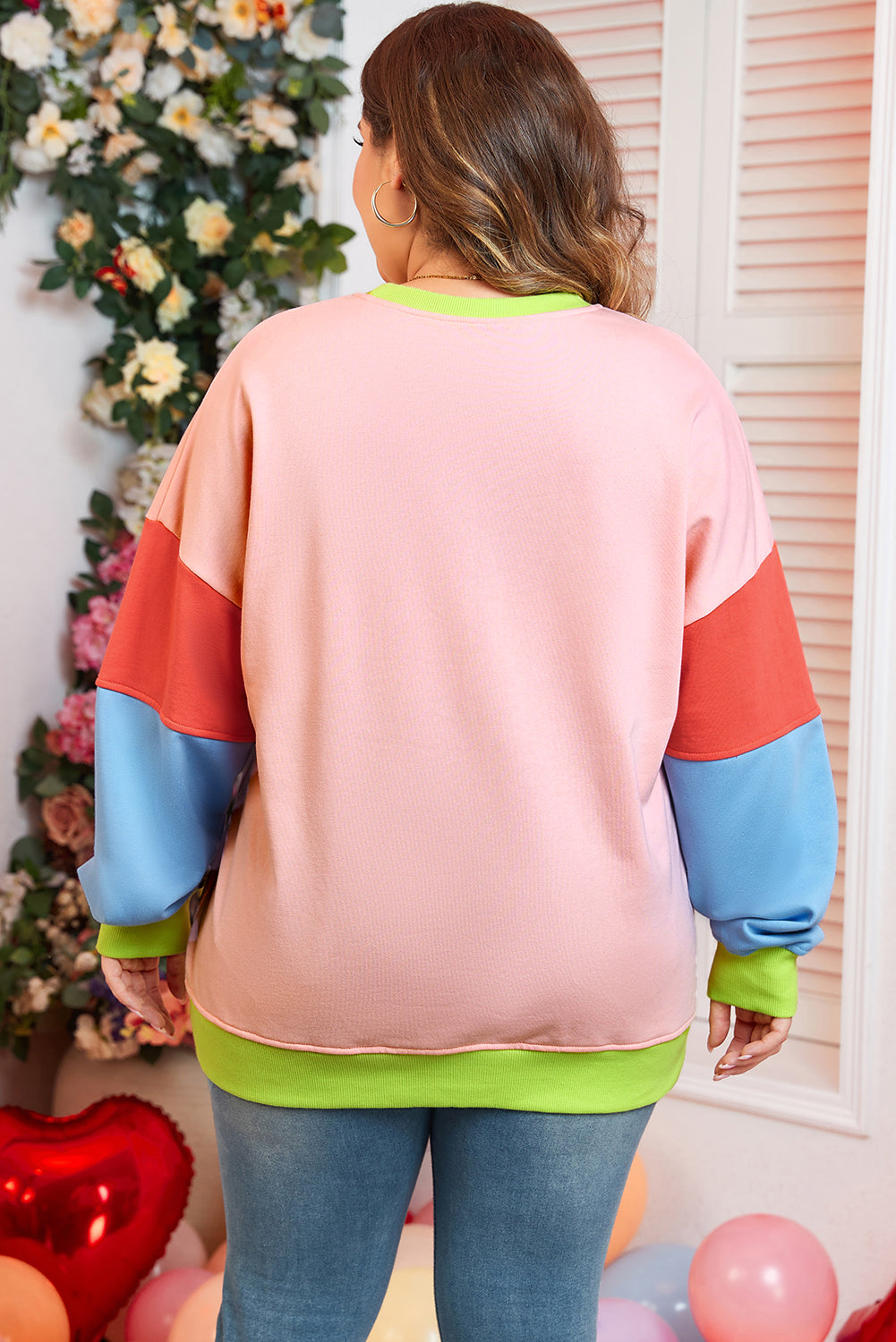 Light Pink Plus Size Colorblock Patchwork Crew Neck Sweatshirt-Plus Size/Plus Size Sweatshirts & Hoodies-[Adult]-[Female]-2022 Online Blue Zone Planet