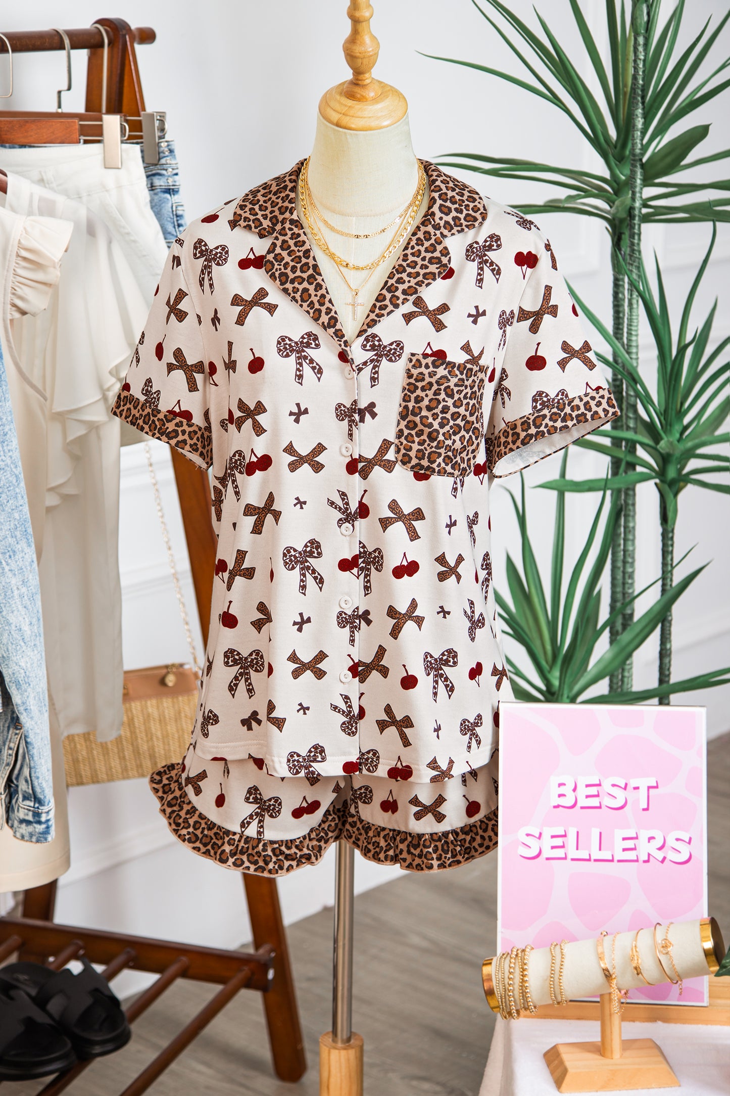 White Chic Bow Cherry Printed Leopard Contrast Patchwork Shirt Drawstring Shorts 2pcs PJ Set-Loungewear & Sleepwear/Sleepwear-[Adult]-[Female]-2022 Online Blue Zone Planet