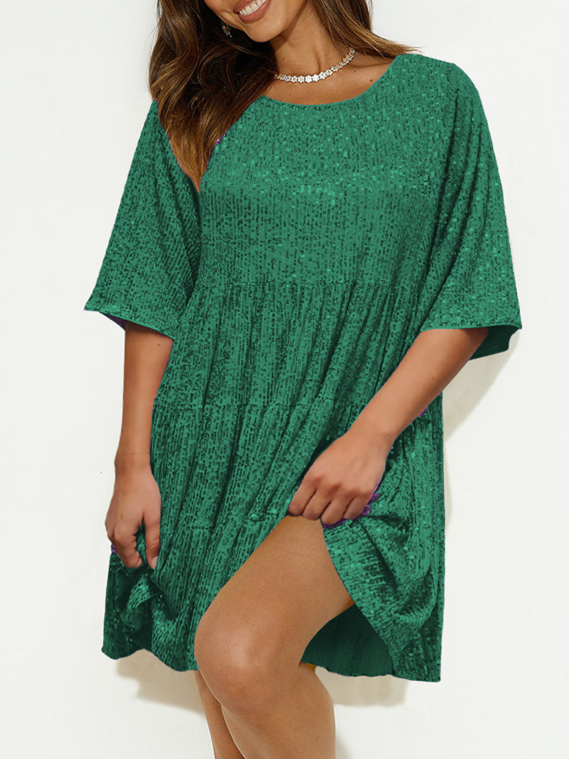 Sequin Round Neck Half Sleeve Mini Dress-TOPS / DRESSES-[Adult]-[Female]-Dark Green-S-2022 Online Blue Zone Planet