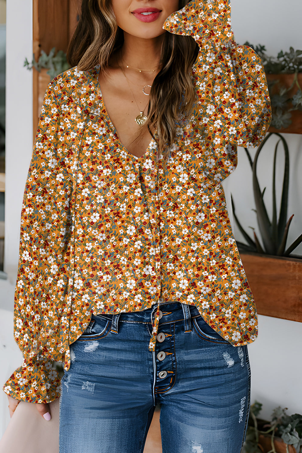 Orange Boho Floral Ruffled Bubble Sleeve V Neck Fall Blouse-Tops/Blouses & Shirts-[Adult]-[Female]-Orange-S-2022 Online Blue Zone Planet