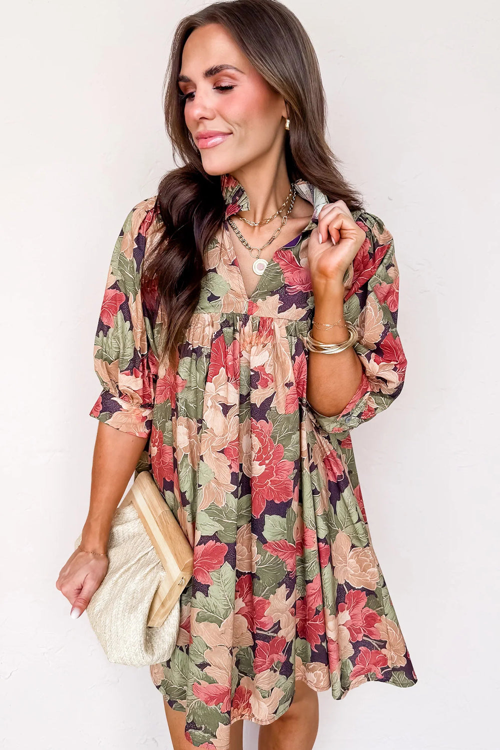 Green Floral Print Frilled Collar V Neck Half Sleeve Mini Dress-TOPS / DRESSES-[Adult]-[Female]-2022 Online Blue Zone Planet