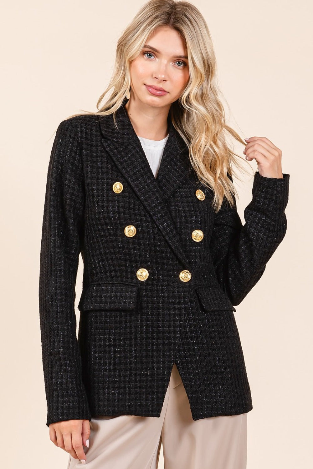 Blue Zone Planet | Mittoshop Plaid Texture Double-Breasted Long Sleeve Blazer-TOPS / DRESSES-[Adult]-[Female]-2022 Online Blue Zone Planet