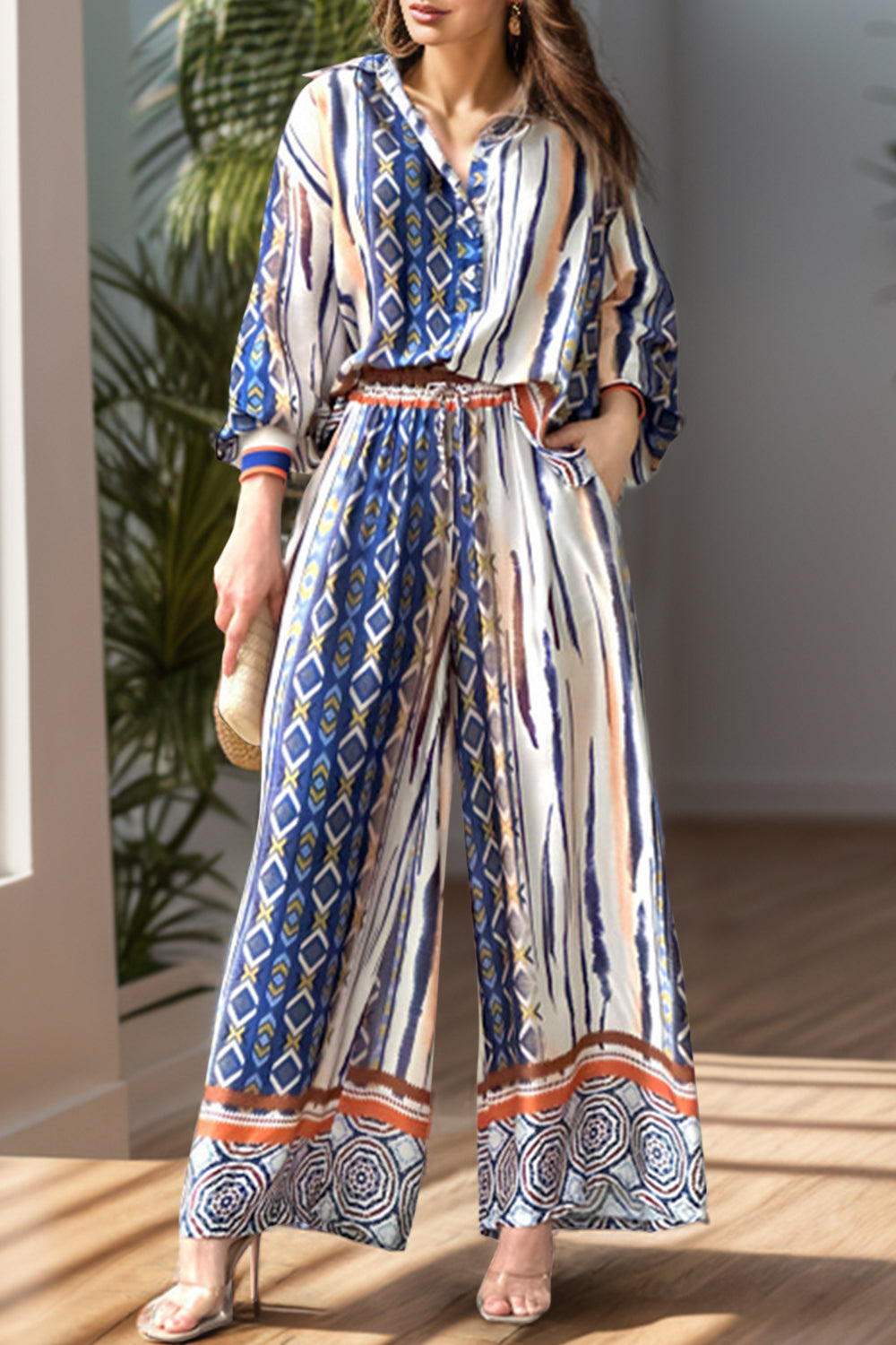 Printed Lantern Sleeve Top and Wide Leg Pants Set-[Adult]-[Female]-Cream-S-2022 Online Blue Zone Planet