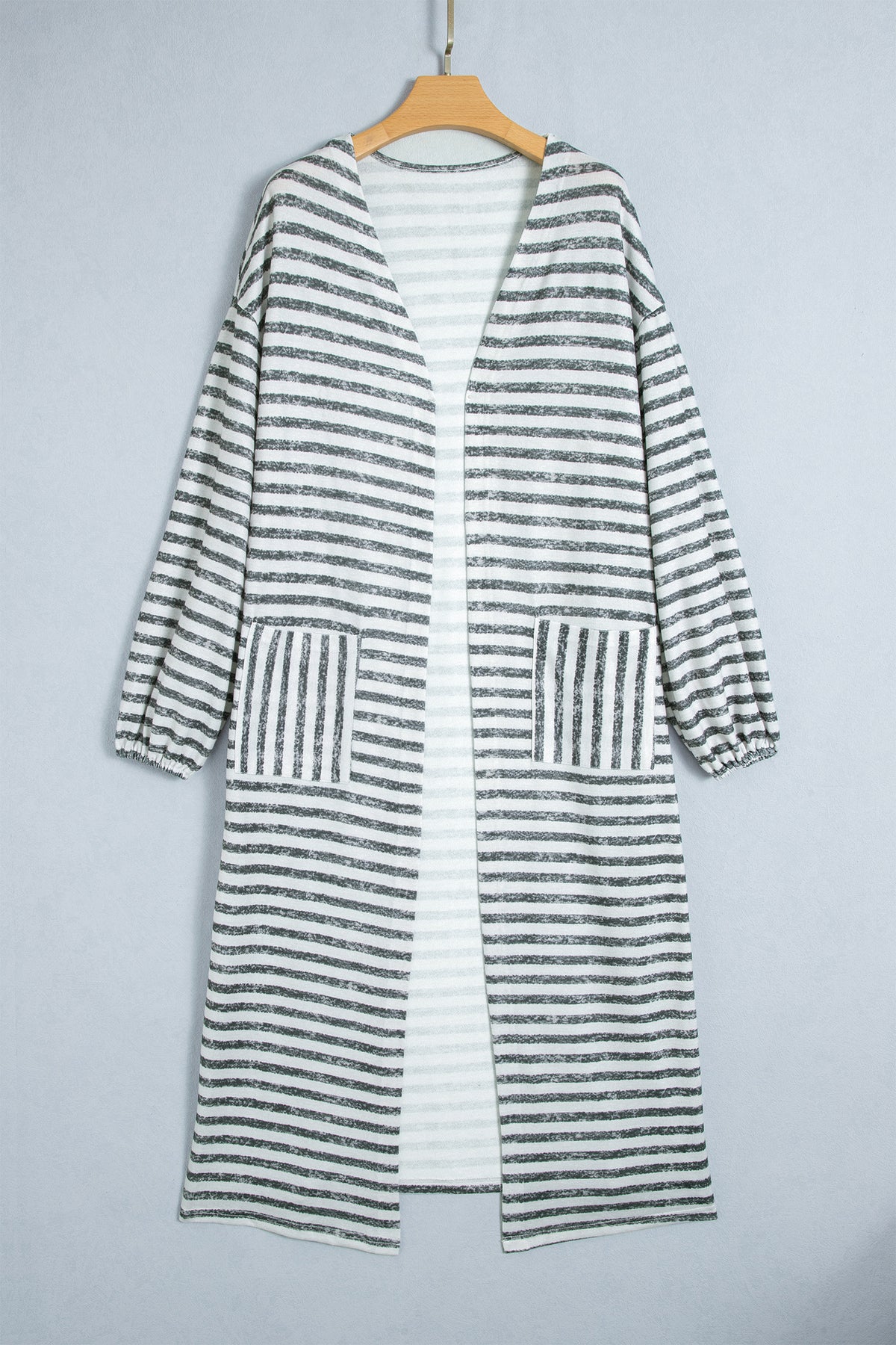 Khaki Stripe Long Puff Sleeve Open Front Oversized Long Cardigan-Sweaters & Cardigans/Cardigans-[Adult]-[Female]-2022 Online Blue Zone Planet