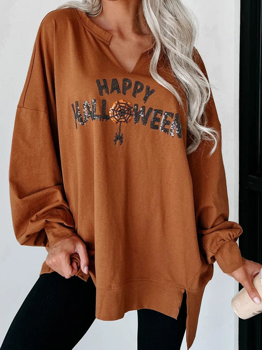 Sequin Letter Graphic Notched Long Sleeve Sweatshirt-TOPS / DRESSES-[Adult]-[Female]-Caramel-S-2022 Online Blue Zone Planet